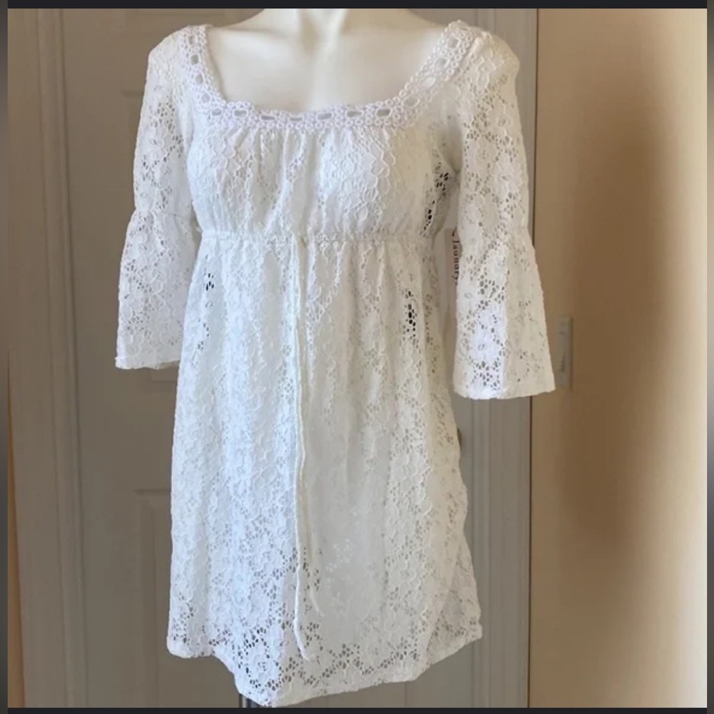 Laundry by Design white trumpet sleeve empire waist eyelet lace dress